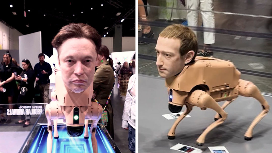 La polémica obra con perros robots con las caras de Musk, Zuckerberg y Bezos que defecan fotografías | ViX